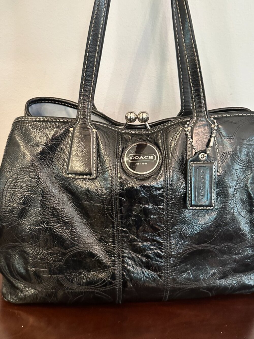 COACH Black Signature Patent Leather F15658 Stitch Carryall Handbag W/Kisslock - Picture 2 of 16